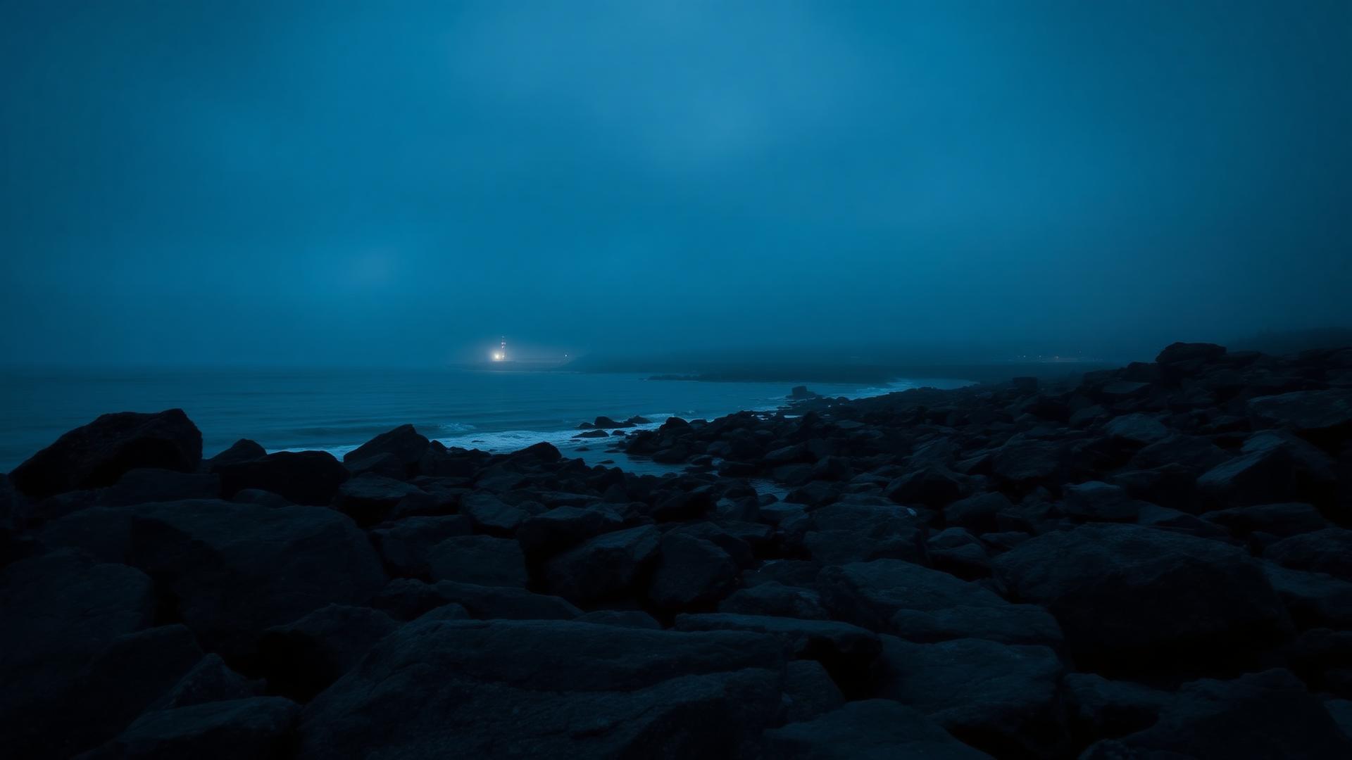 Fog rolling over a rocky shoreline at dusk with a distant lighthouse